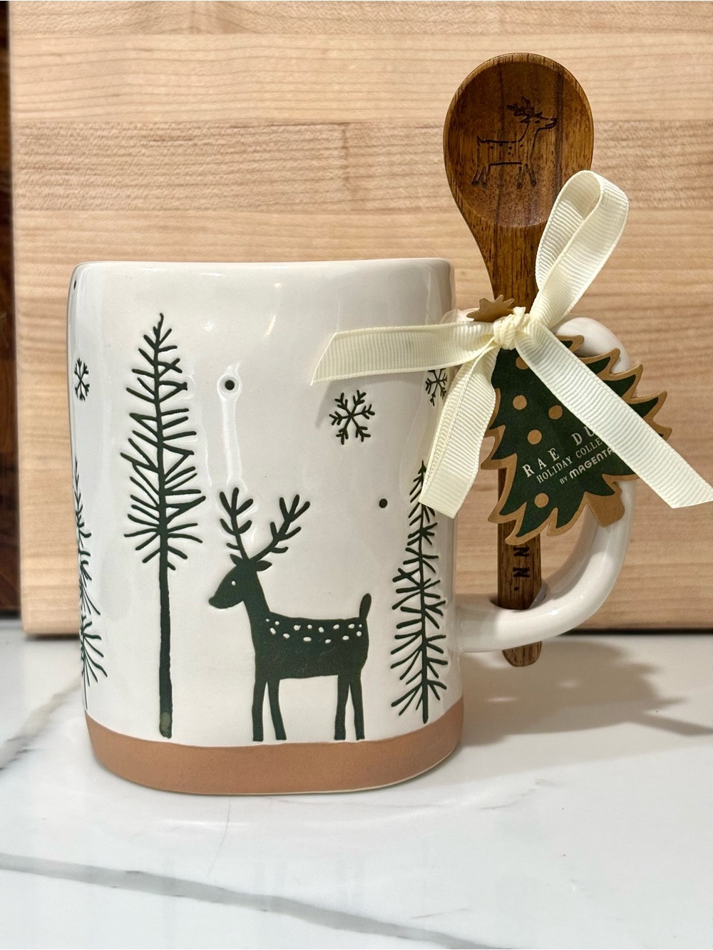 Rae Dunn White Coffee Mug Christmas Tree Farm COZY Wood Spoon Included NEW